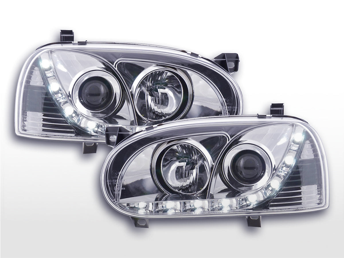 Scheinwerfer Set Daylight LED Tagfahrlicht VW Golf 3 91-97 chrom für Rechtslenker Scheinwerfer Set Daylight LED Tagfahrlicht VW Golf 3 91-97 chrom für Rechtslenker